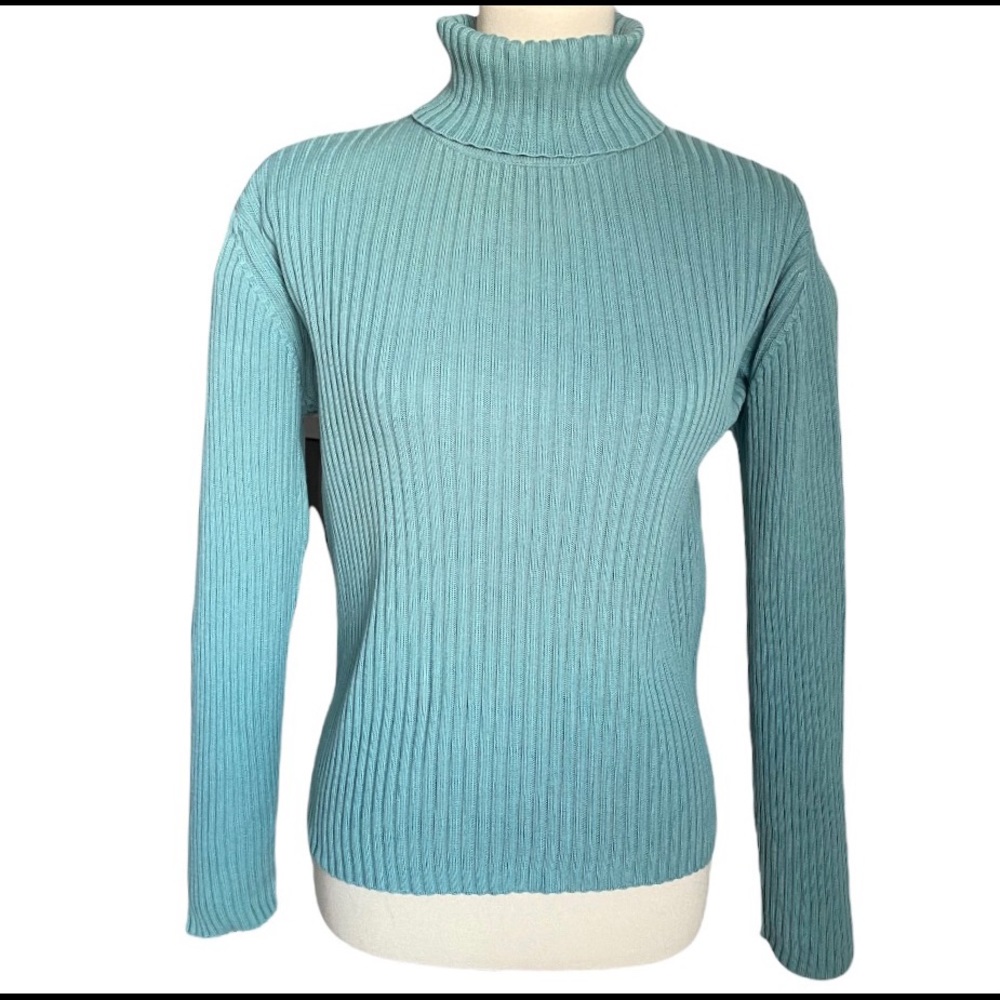 LL Bean Sweater Green Ribbed Knit Cotton Turtleneck Size Medium